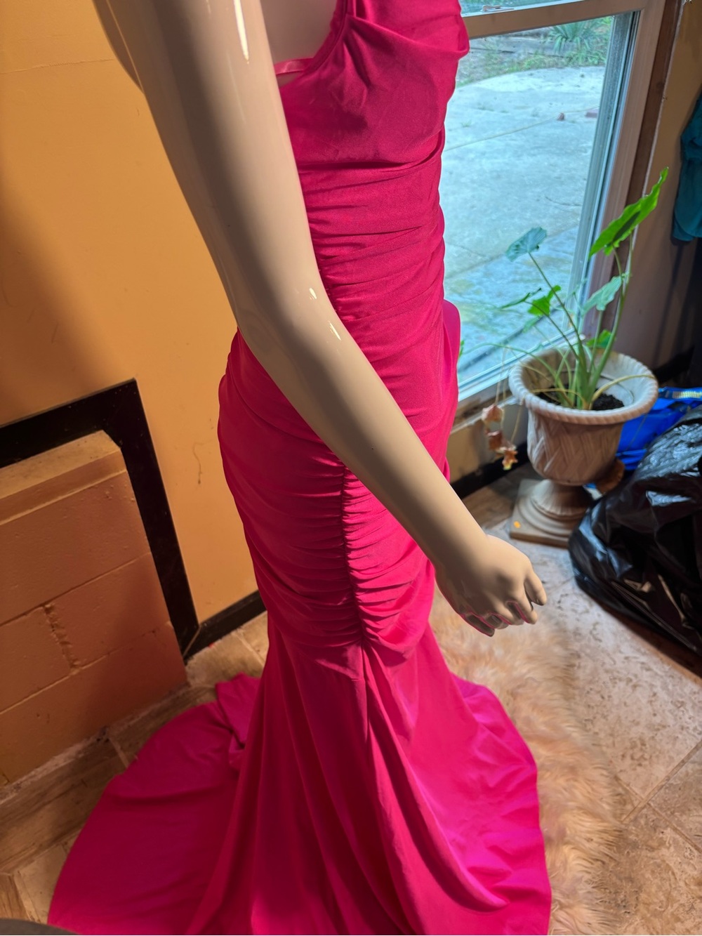 Hot Pink Ruched Spaghetti-Strap Prom Gown - Picture 7 of 12